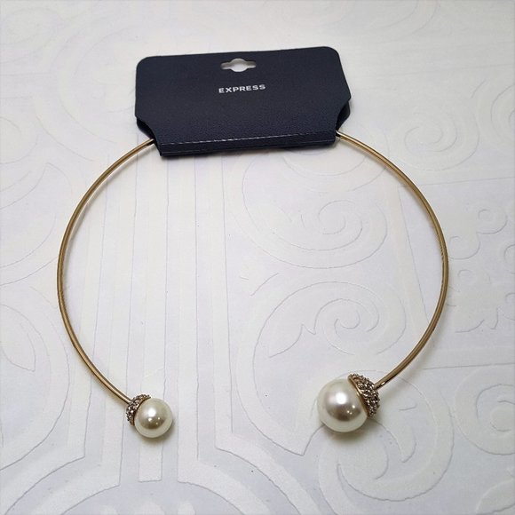 EXPRESS GOLD TONE FAUX PEARL CHOKER NECKLACE - Picture 3 of 4